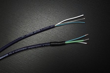 A stripped audio cable, before & after being prepped.