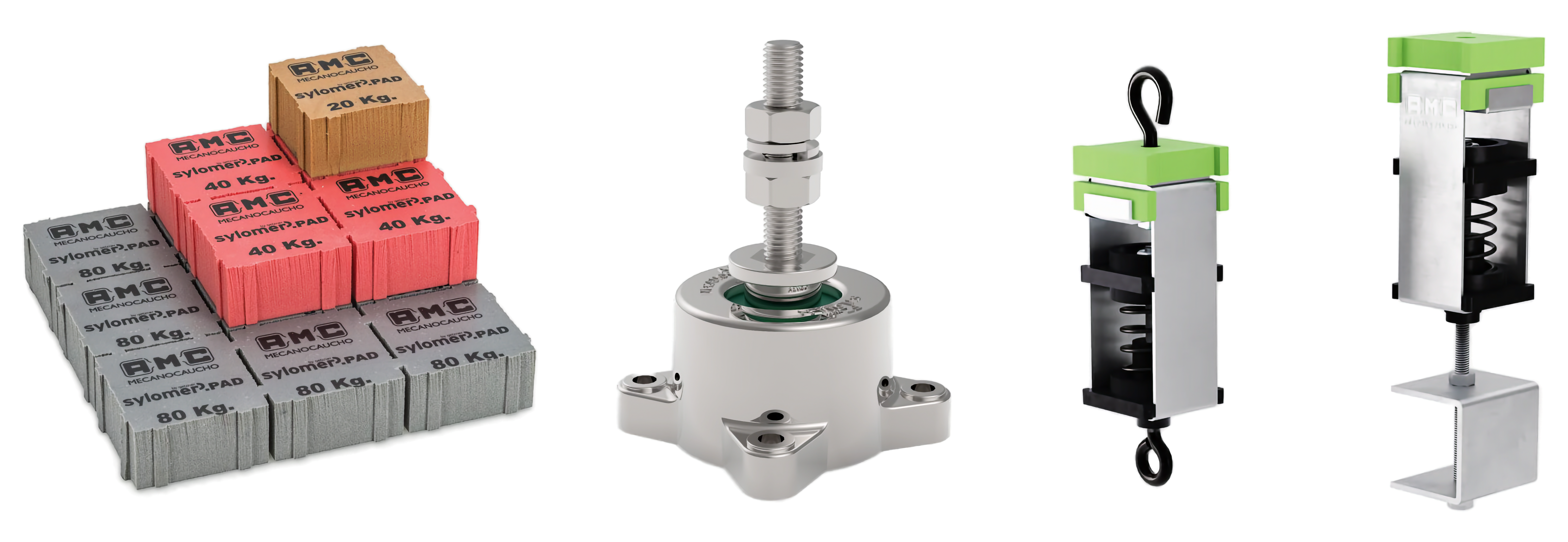 Three examples of different Sylomer pads and spring mounts from AMC Mecanocaucho.